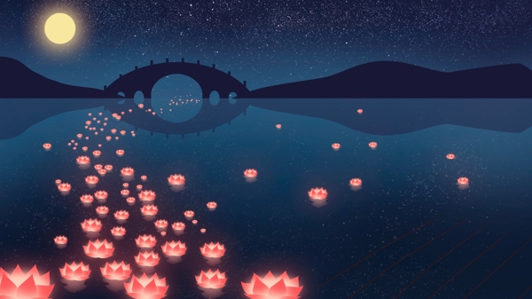 河水中的莲花灯许愿祝福月夜背景