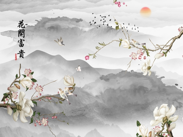 新中式花鸟山水背景墙