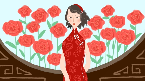 十三钗女旗袍系列玫瑰花手绘原创插画