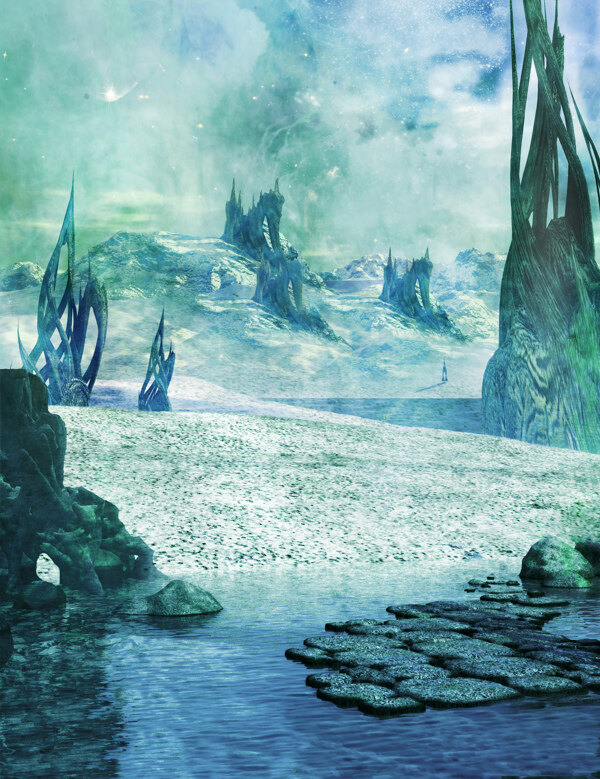 科幻世界梦幻天空河流石块畸形怪石图片