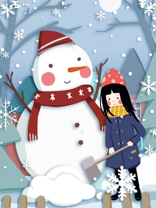 节气大雪剪纸风插画卡通可爱小女孩的雪人