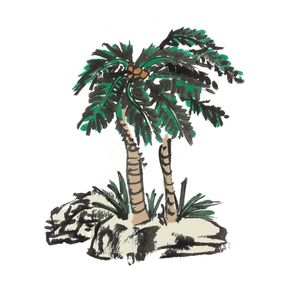 夏天椰子树手绘水墨风