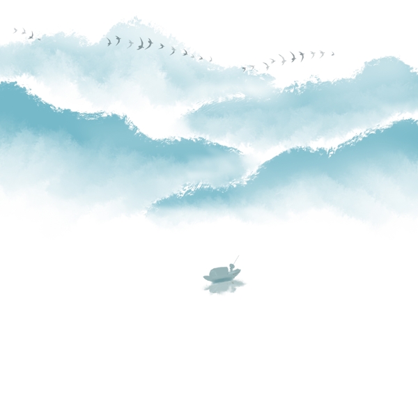 卡通手绘中国风山峰划船的人