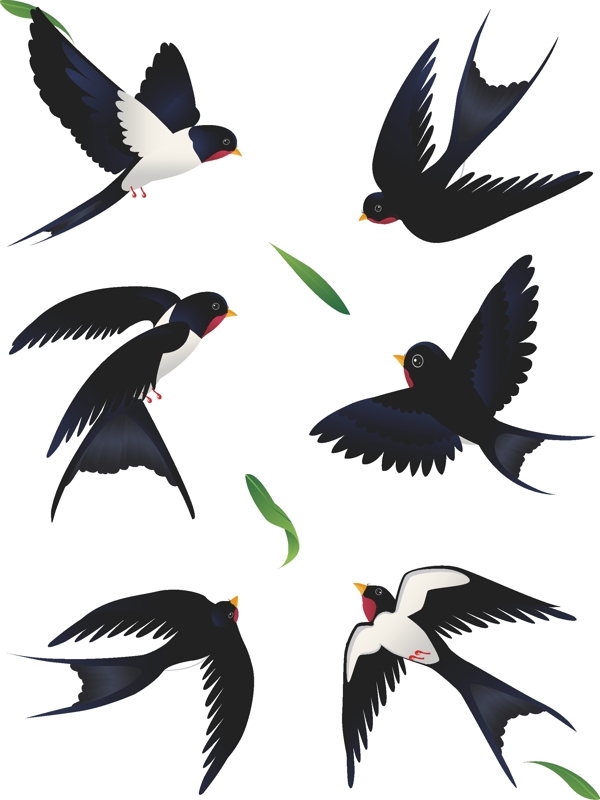 手绘卡通可爱动物飞鸟燕子绿叶装饰套图元素