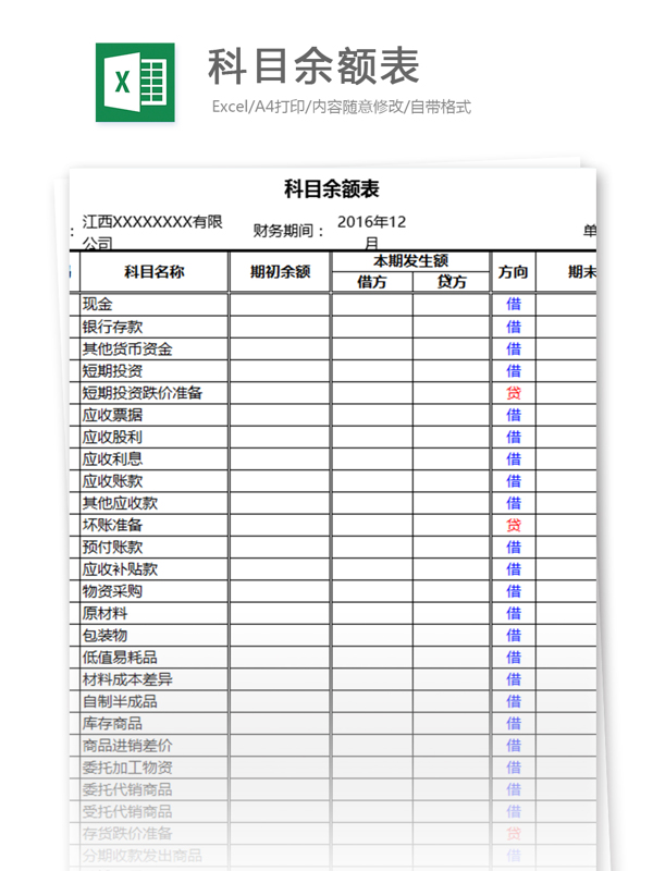 科目余额表excel表格模板