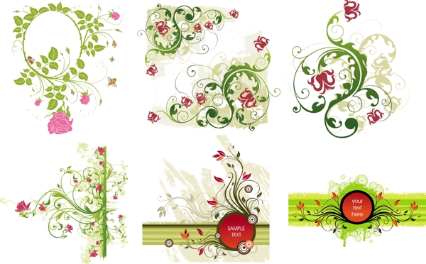 矢量素材的红色和绿色的花卉图案的组合