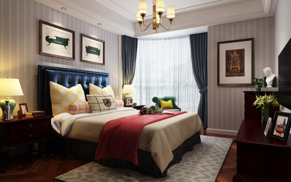 美式清新卧室深蓝色床头室内装修效果图