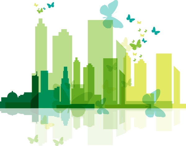 绿色手绘城市剪影蝴蝶装饰图案创意元素设计
