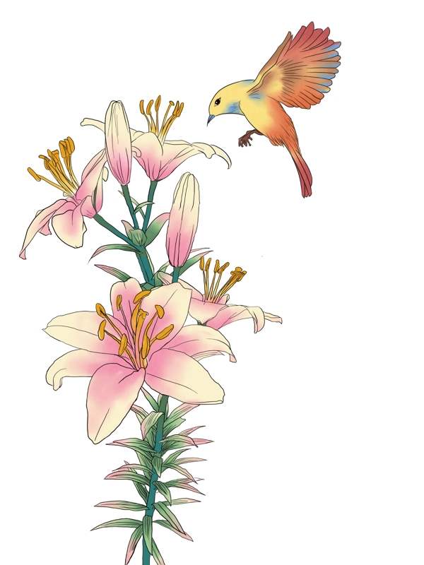 工笔画黄色的小鸟和鲜花