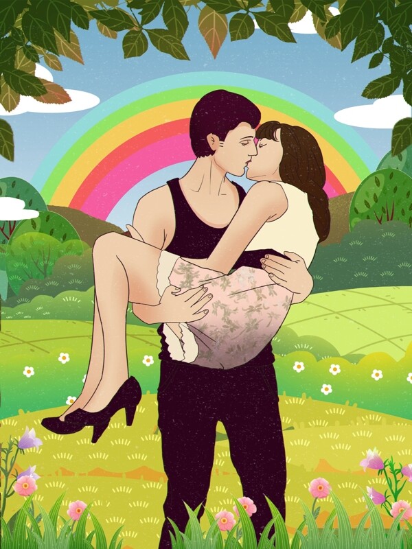 国际接吻日温馨情侣插画