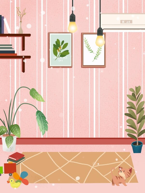 粉色家居吊灯壁画盆栽积木背景设计