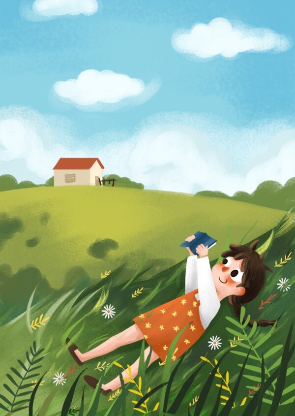 春天春季立春女孩躺在草地看书