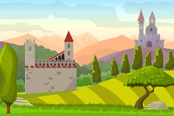山上的城堡中世纪的landscapevector卡通插画