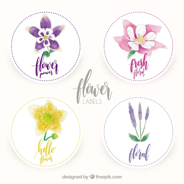 四个水彩花卉圆形标签