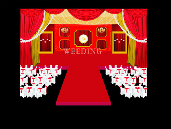 金色与大红色婚礼舞台效果图