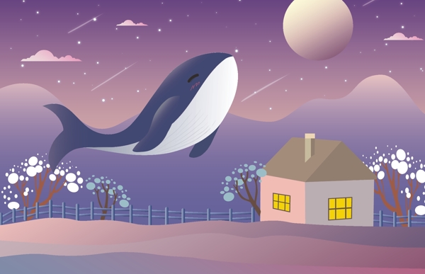 原创梦幻的鲸鱼追月插画