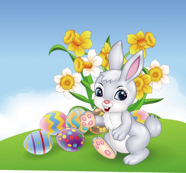 鲜花旁的彩蛋和兔子