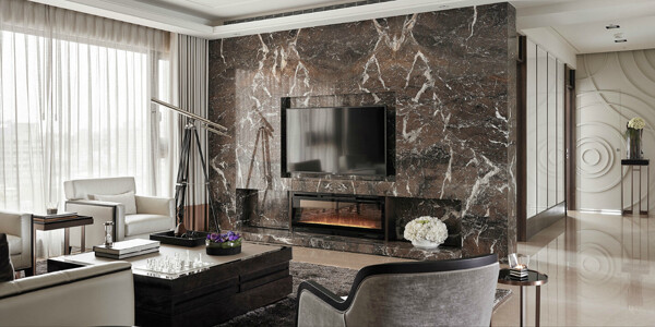 现代时尚客厅深色花纹背景墙室内装修效果图