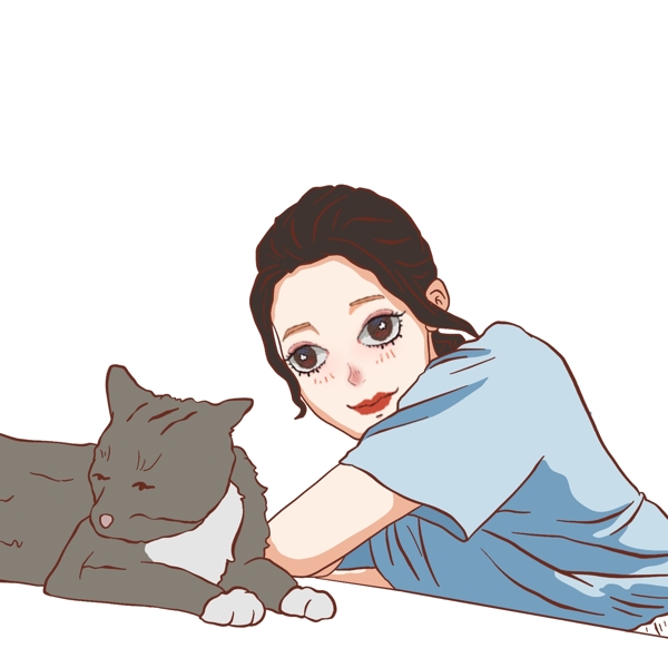 小清新美女和小猫咪治愈系插画