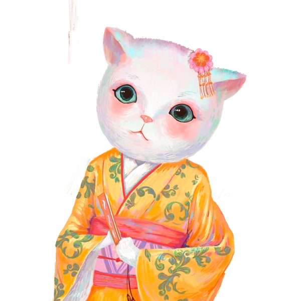 油画风日系猫咪少女手绘设计