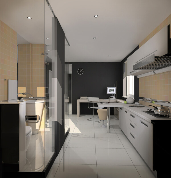 现代简约风室内设计厨房走廊效果图