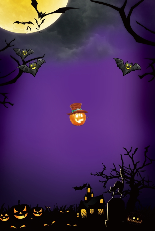 紫色圆月下的枯树蝙蝠万圣节背景素材