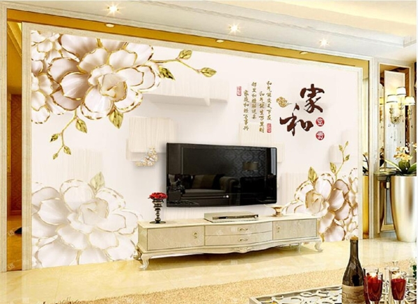 中式玉雕牡丹花家和电视背景墙