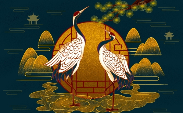 中式仙鹤背景墙图片