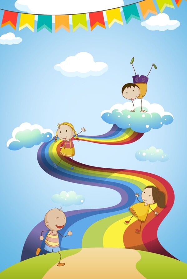 六一儿童节蓝色彩虹卡通背景