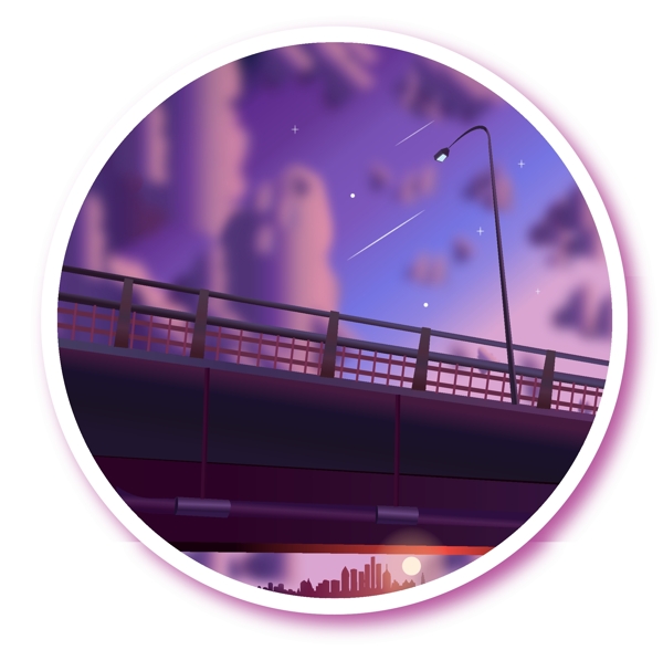 简约时尚城市星空桥梁路灯风景插画元素