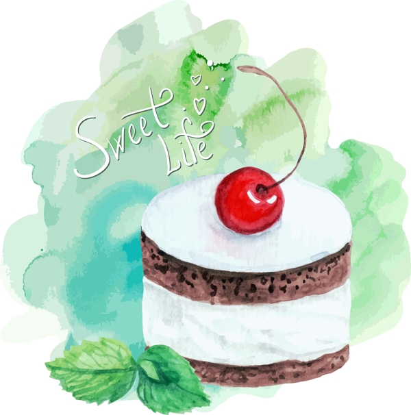 水彩绘美味的樱桃蛋糕插画