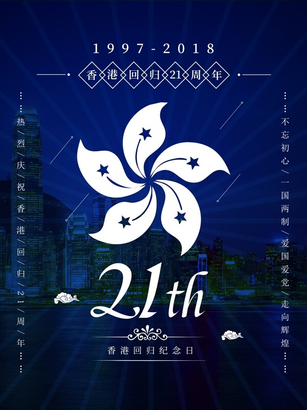 简约深蓝香港回归21周年纪念日海报