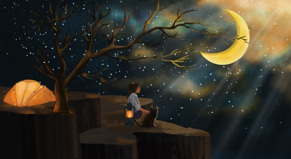 月亮夜晚人物女孩插画背景素材