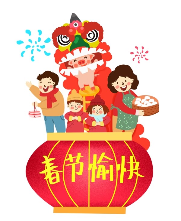 春节卡通手绘暖系小清新风格庆祝春节一家人