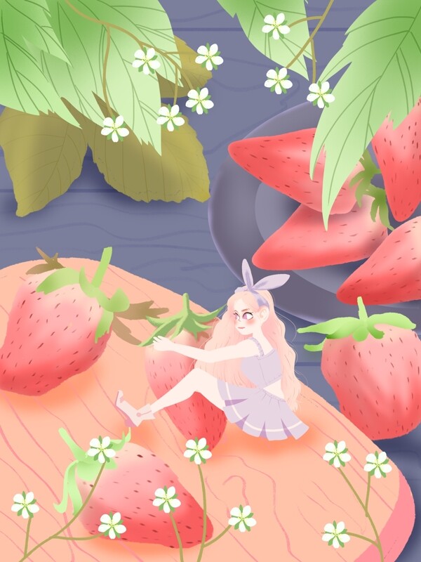 原创小清新插画抱草莓的女孩