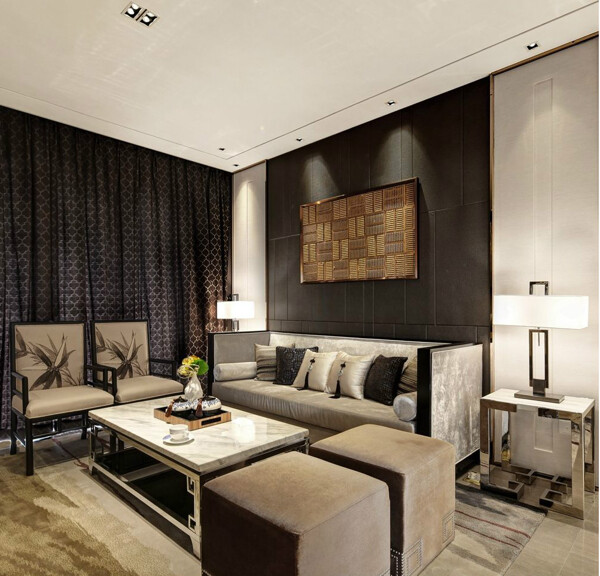 现代时尚客厅黑色花纹窗帘室内装修效果图