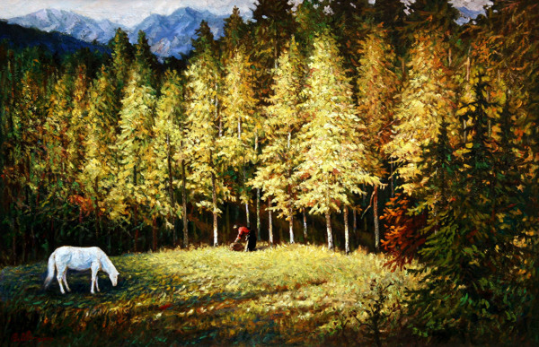 树林马匹油画图片