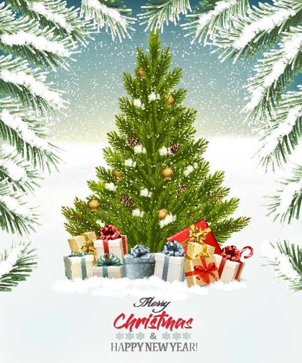 精美圣诞树圣诞礼物节日插画图