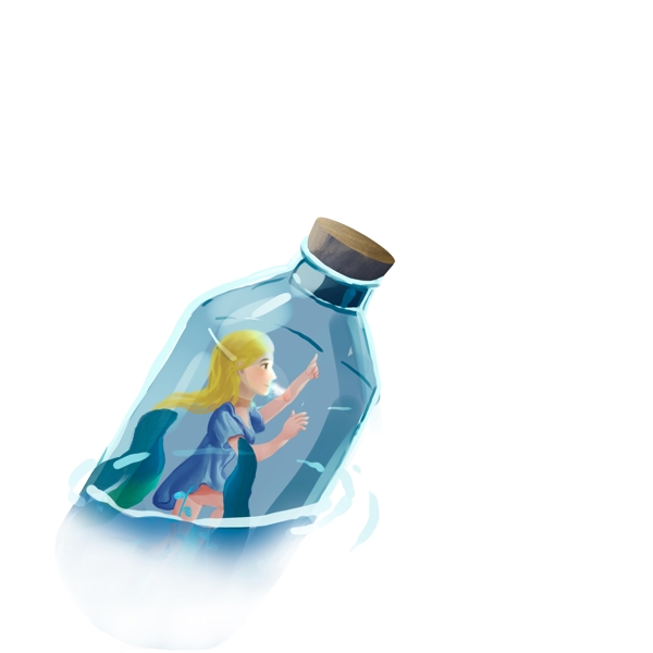梦幻手绘漂流瓶里的少女