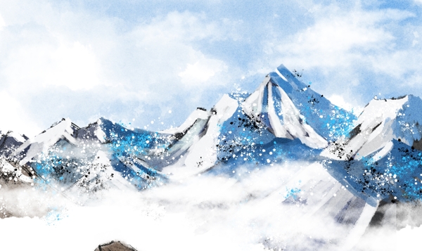 雪山山峰国风插画卡通背景素材
