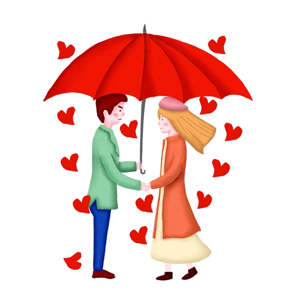 手绘撑伞约会的情侣插画