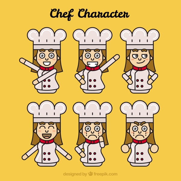 手绘各种表情卡通风格女性厨师角色