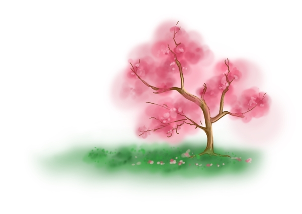 手绘粉色桃花树和草地上的落花