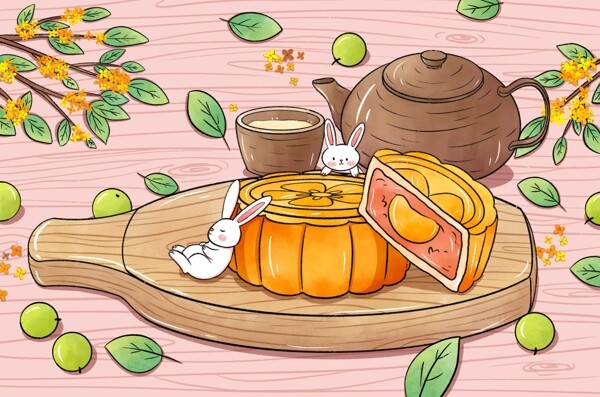 八月十五中秋节卡通月饼插画图片