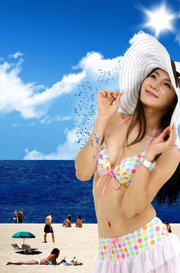 夏天女性女人海滩沙滩蓝天白云小岛湖面水面群岛psd分层素材源文件09韩国设计元素
