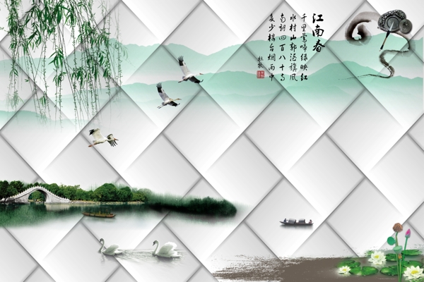 江南春中国风软包背景墙图片