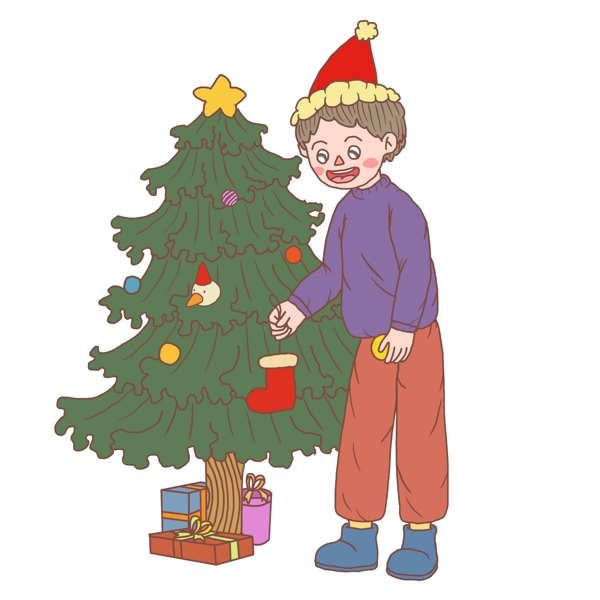 圣诞节卡通手绘男孩和礼品