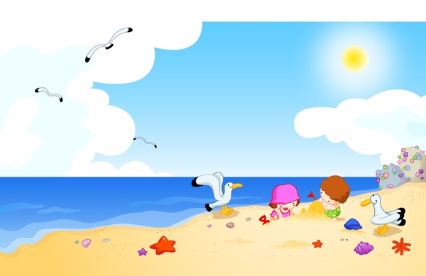 孩子们在沙滩上玩耍的快乐矢量素材