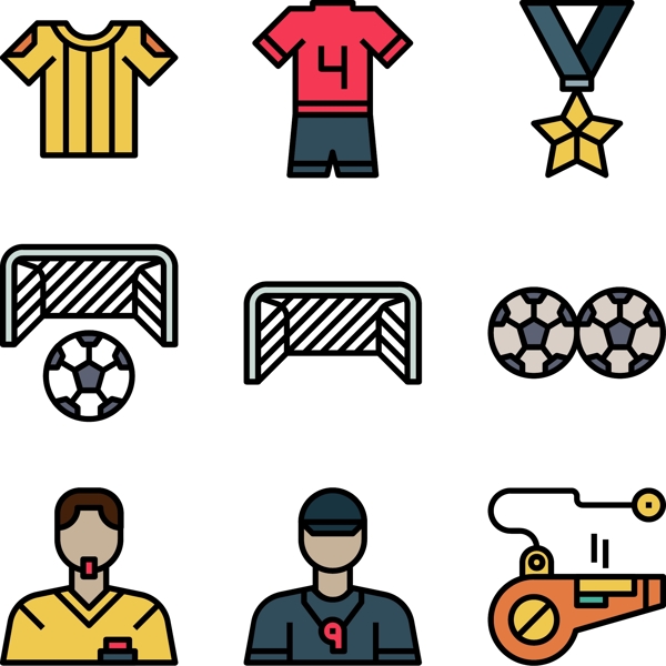 俄罗斯世界杯黑边框卡通风足球矢量图标