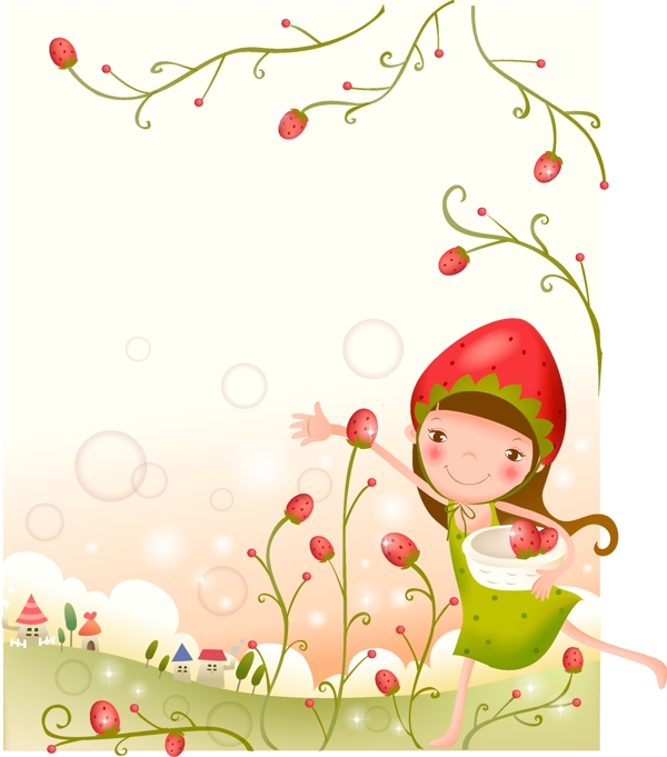 可爱卡通草莓和向日葵女孩矢